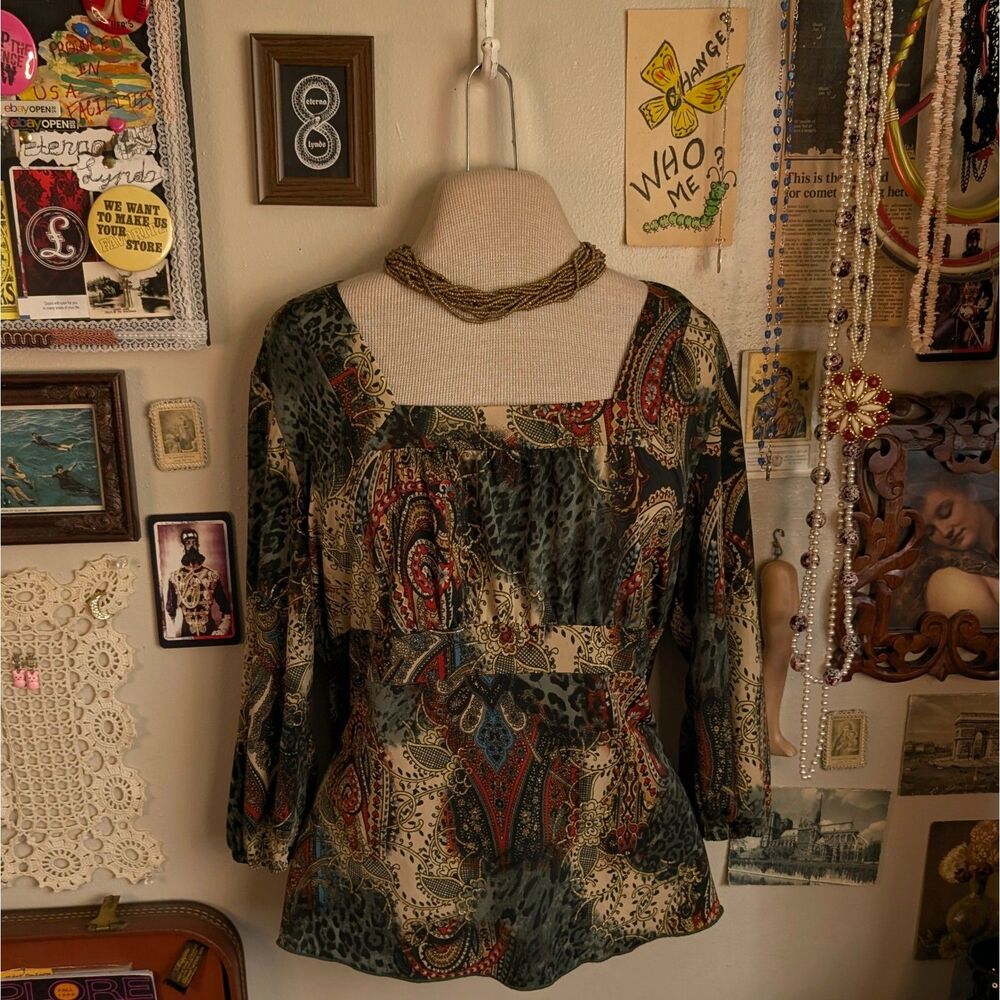 Y2K Sparkly Paisley 3/4 Sleeve Blouse Women's Petite Large Earth Tone